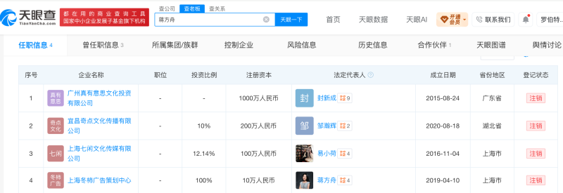 蔣方舟名下企業均已註銷